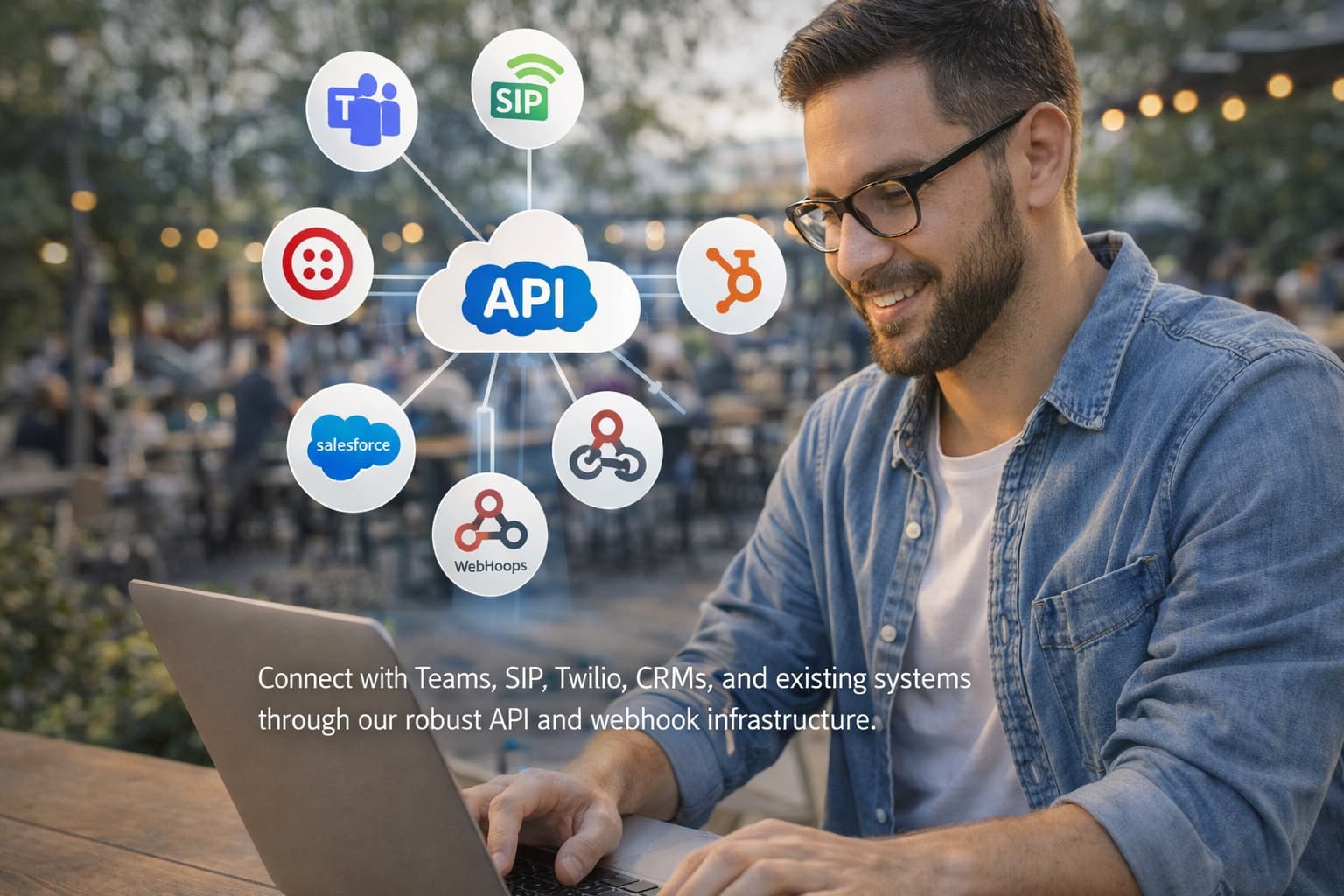 Instant Integration - Enterprise AI call center feature demonstrating Connect with Teams, SIP, Twilio, CRMs, and existing systems through our robust API and webhook infrastructure.